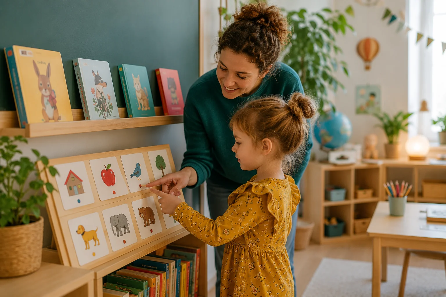 Un enfant assis à une table, lisant un livre avec un parent qui pointe les mots du doigt