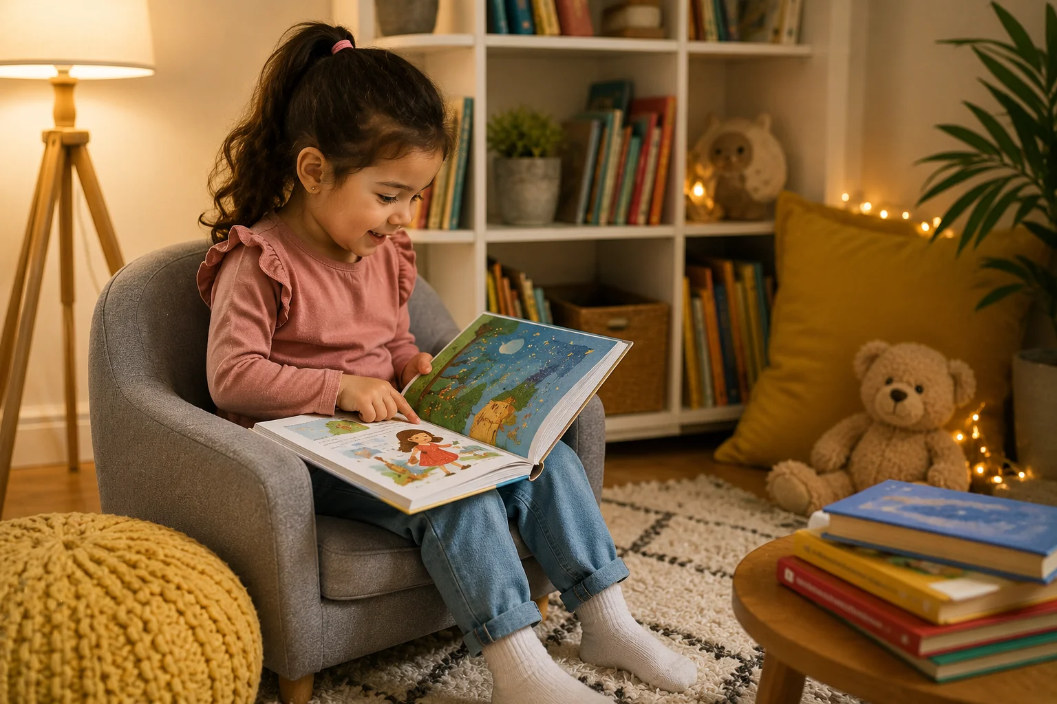 Enfant de 4 ans lisant un album illustré dans sa chambre, entouré de livres pour enfants