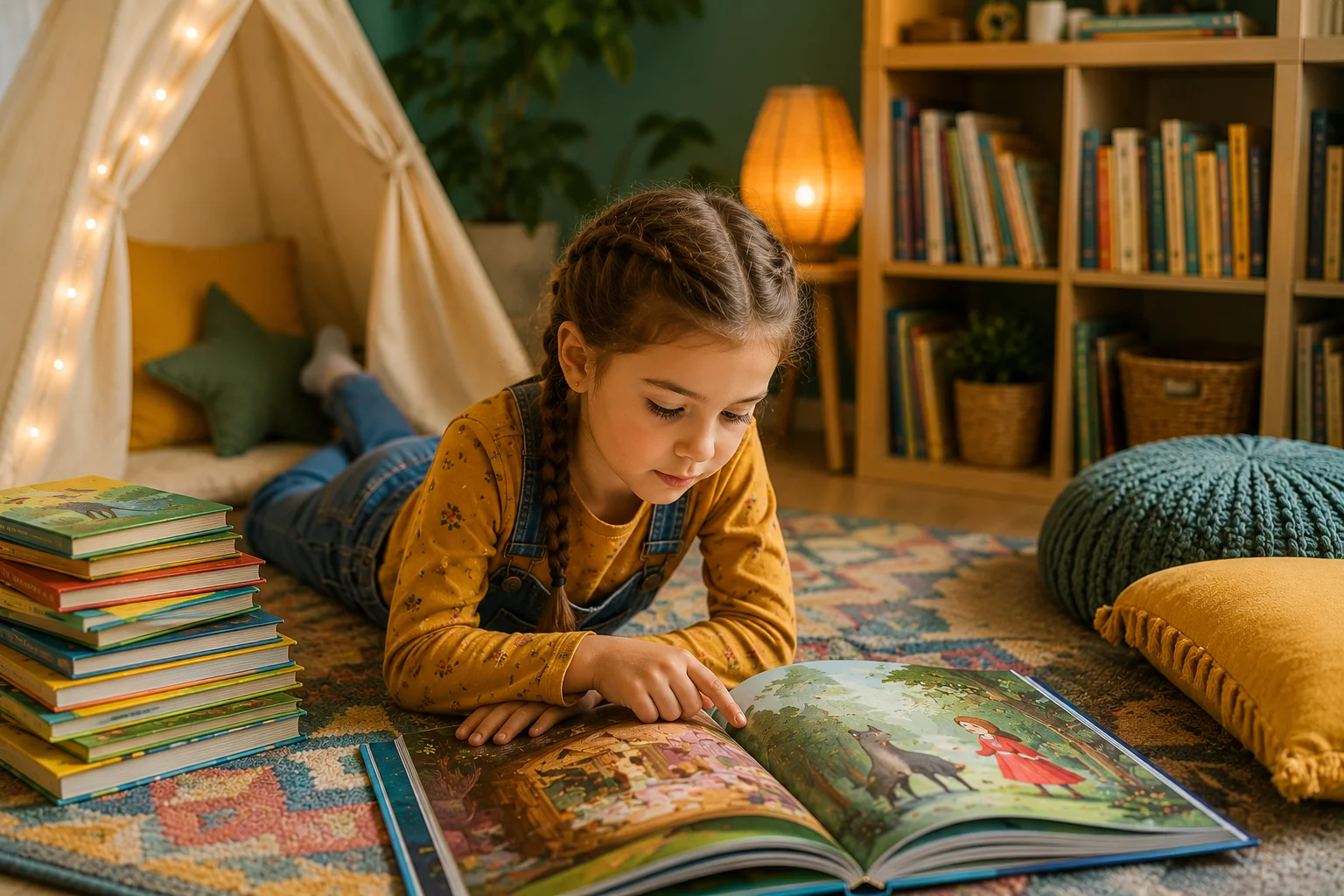 Enfant de 6 ans lisant un livre illustré dans sa chambre, entouré de livres pour enfants
