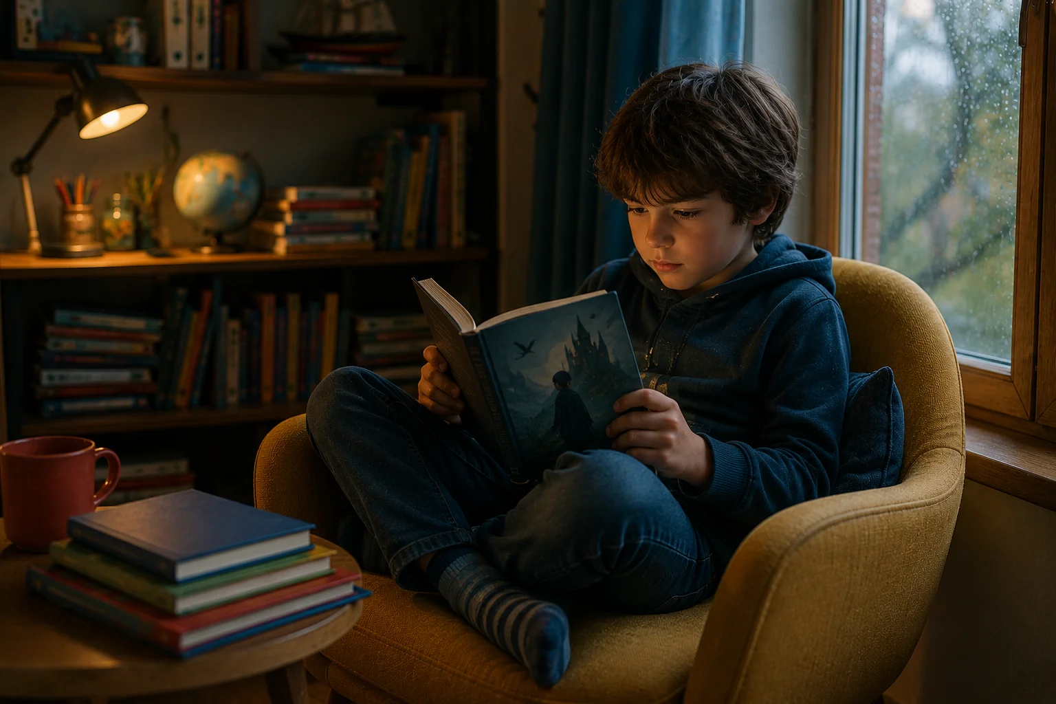 Enfant de 7 ans lisant un livre illustré dans sa chambre, souriant et concentré