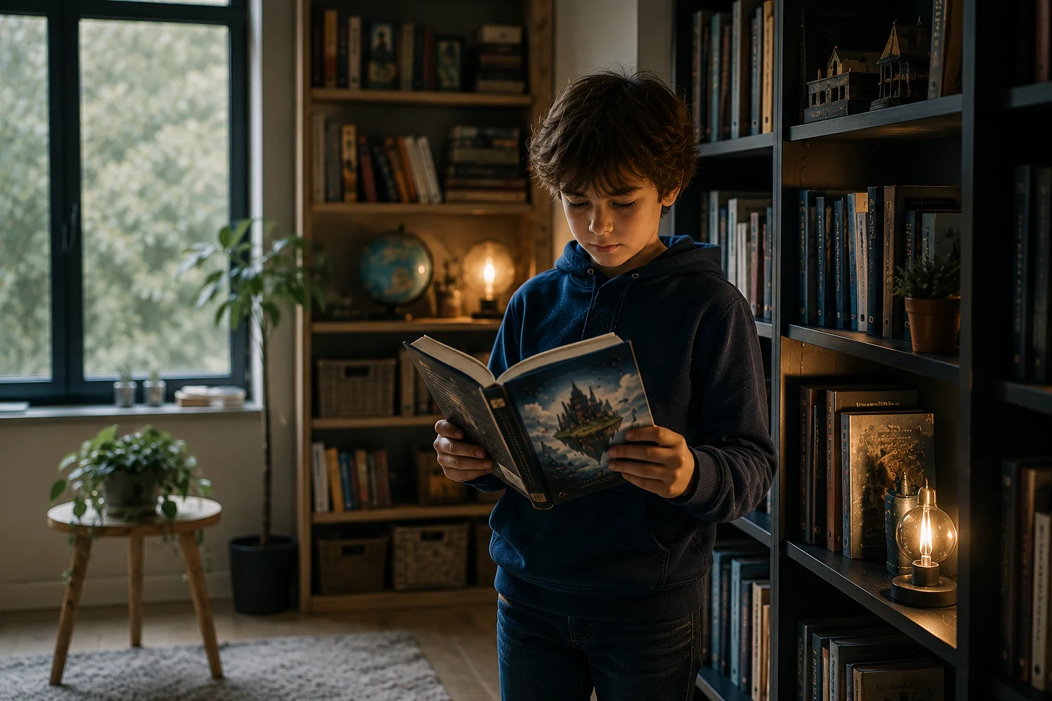 Enfant de 9 ans lisant un livre dans sa chambre, souriant, entouré de romans et de BD