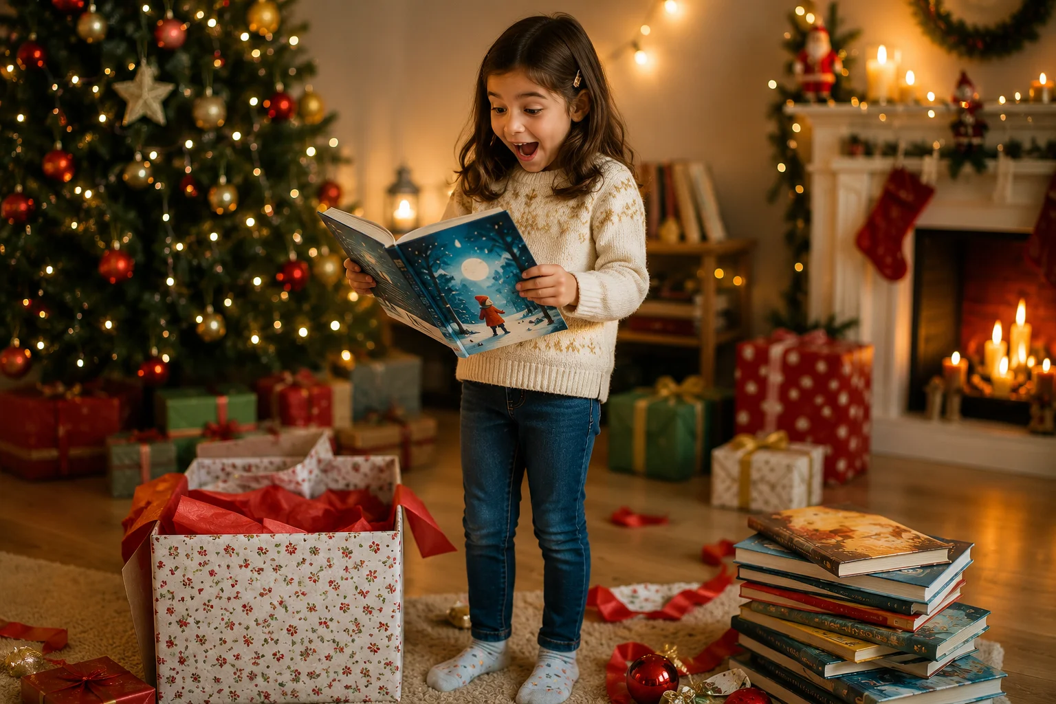 Sélection de livres pour enfants à offrir à Noël, empilés sous un sapin décoré