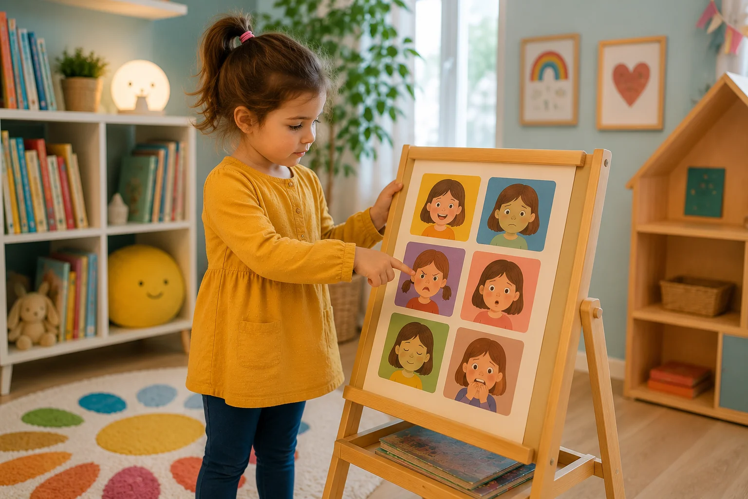 Enfant lisant un album sur les émotions, entouré de livres colorés sur la colère, la tristesse et la joie