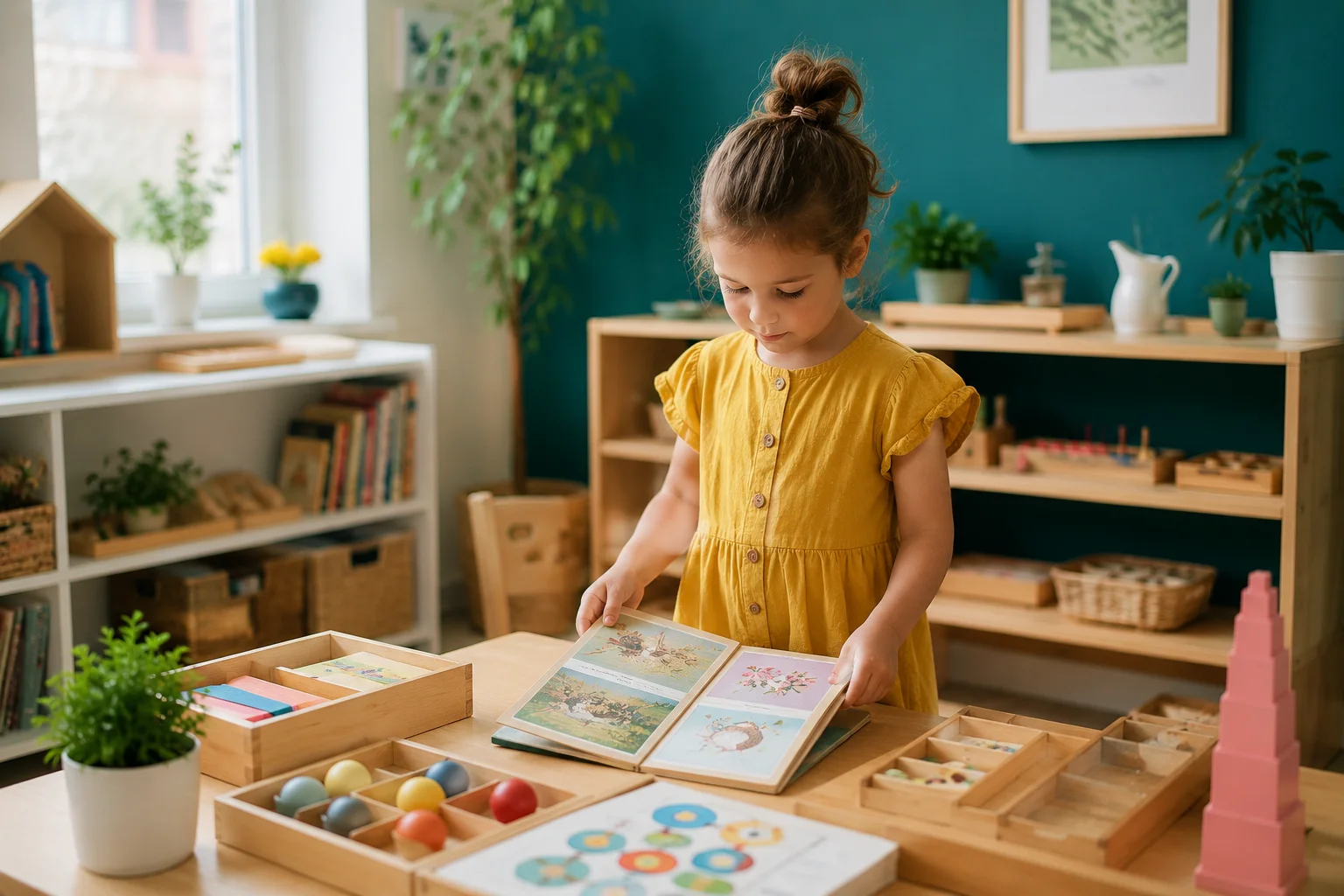 Sélection de livres Montessori pour enfants posés sur une étagère basse à hauteur d'enfant
