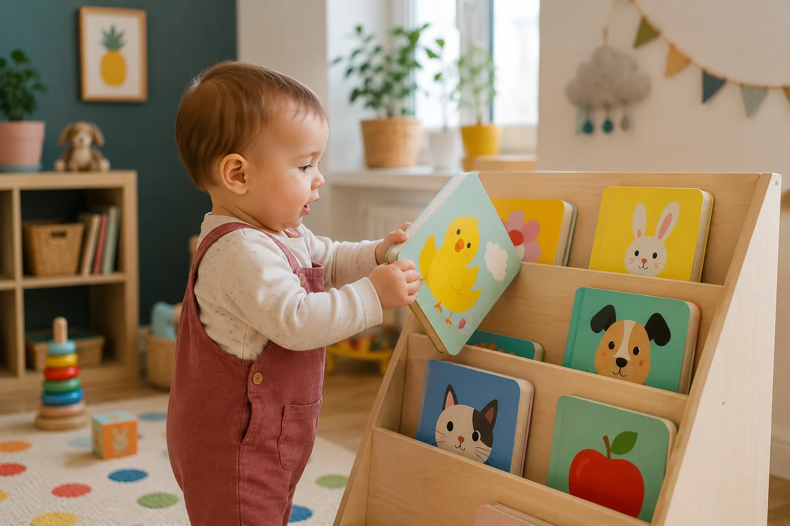 Bébé de 1 an tenant un livre en tissu coloré, souriant, entouré de jouets d'éveil
