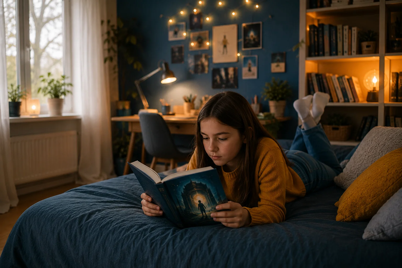 Enfant de 10 ans lisant un roman d'aventure dans sa chambre, entouré de livres jeunesse