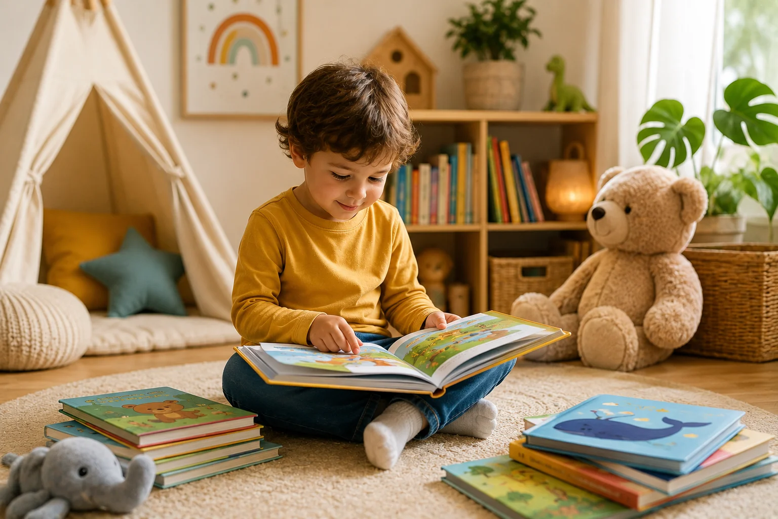 Enfant de 3 ans feuilletant un album illustré avec un parent, moment de lecture partagé