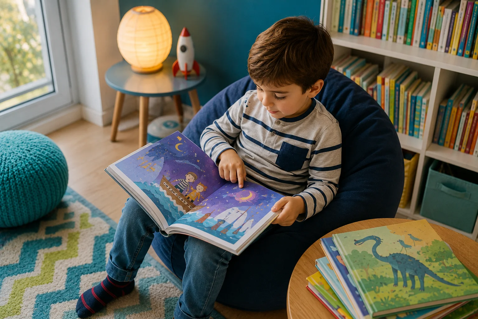 Enfant de 5 ans lisant un album illustré dans sa chambre, entouré de livres colorés