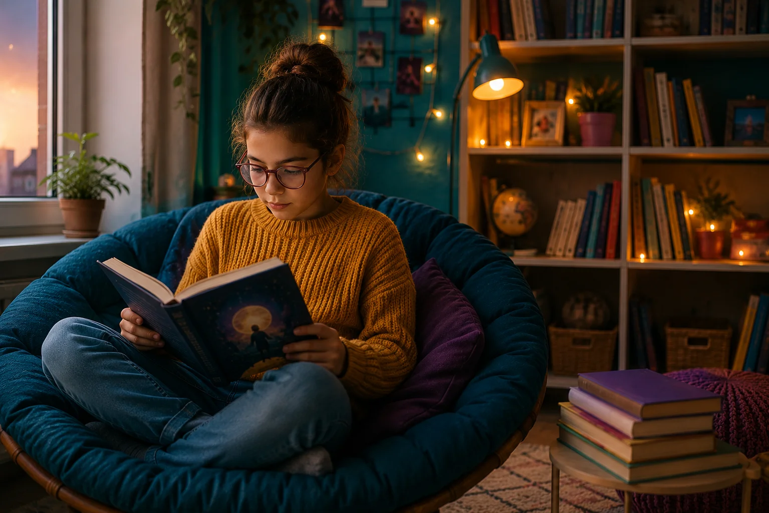 Enfant de 8 ans lisant un livre dans sa chambre, souriant, entouré de romans jeunesse et de BD